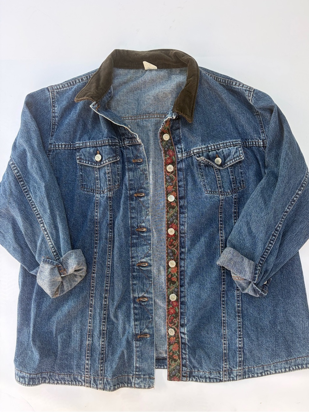 Vintage 90s Lee Denim Chore Jacket 2X Oversized Corduroy Collar Tapestry Trim